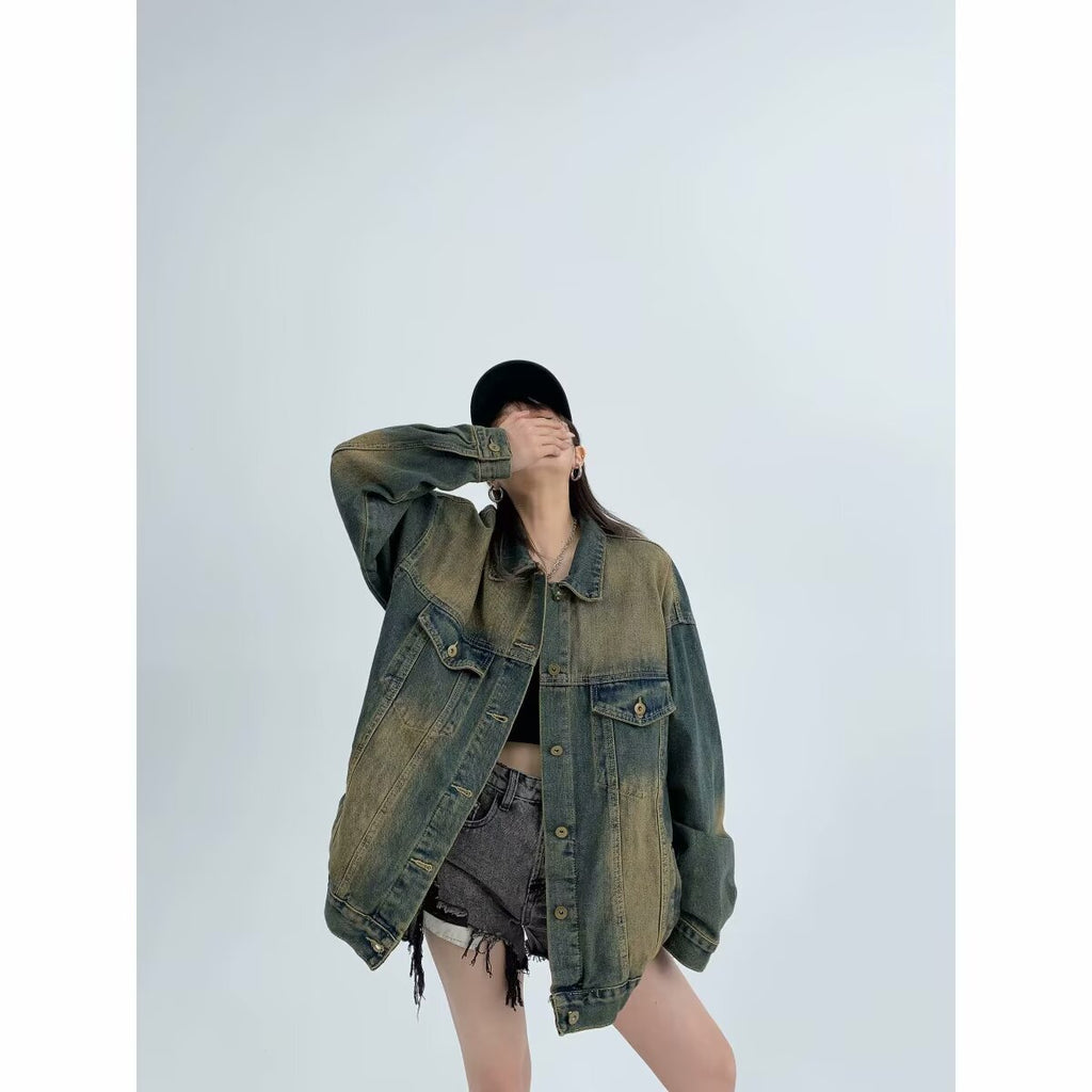 Water-washed Distressed Denim Jacket A Retro Casual Outerwear Piece
