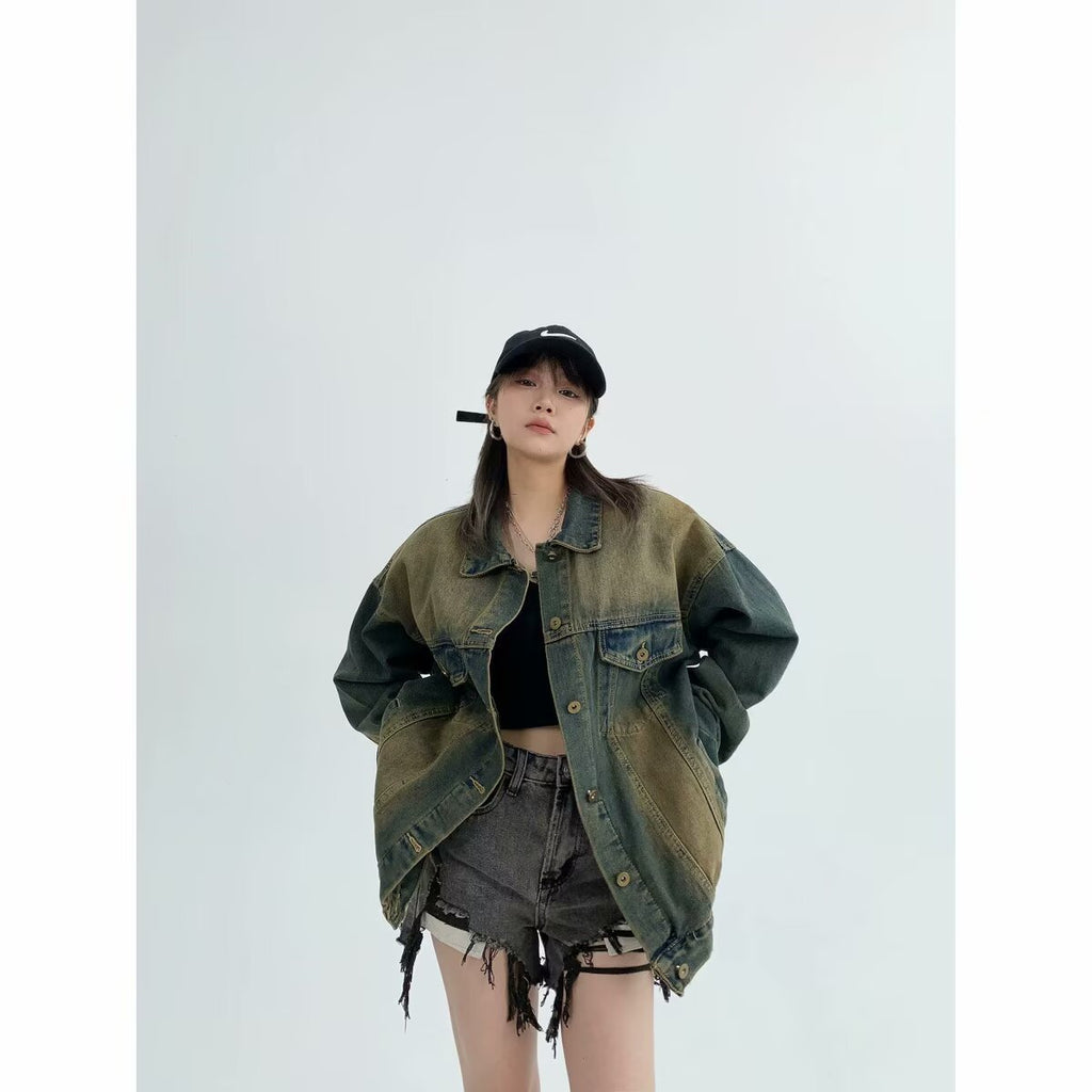Water-washed Distressed Denim Jacket A Retro Casual Outerwear Piece
