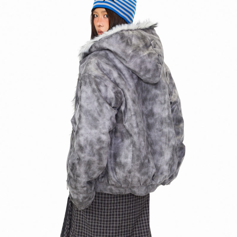 Tie-dye Deconstructed Patchwork Hooded Cotton Jacket Winter American High Street
