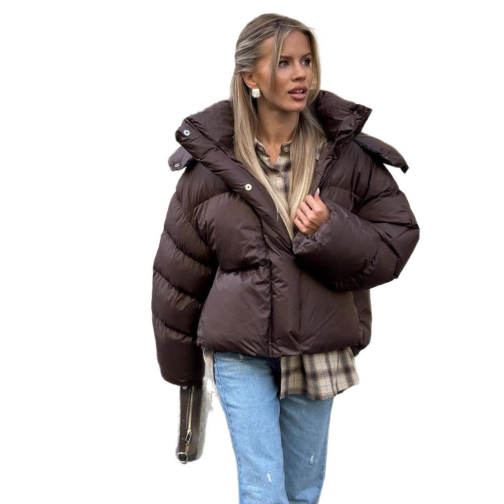 Solid Color Hooded Long Sleeve Cotton Coat For Women