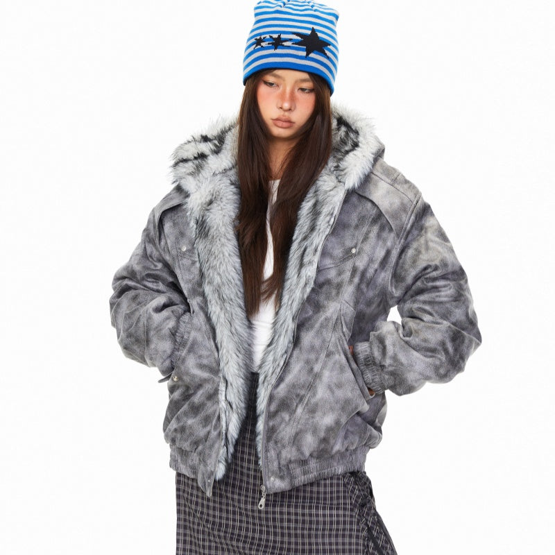 Tie-dye Deconstructed Patchwork Hooded Cotton Jacket Winter American High Street