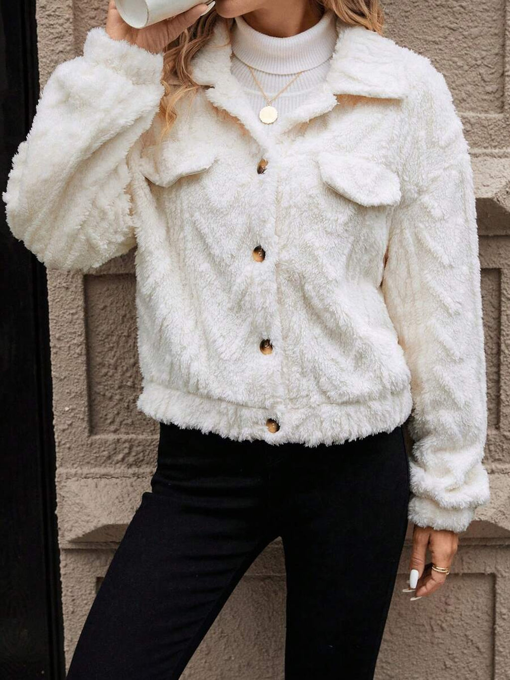 Double-sided Plush Casual Button Cardigan Top Coat For Women