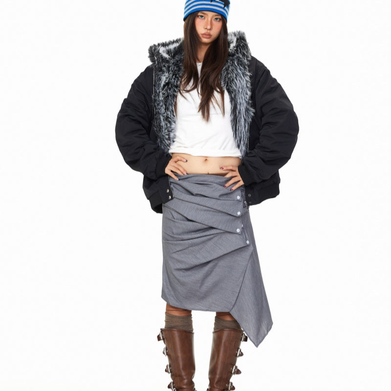 Personality Fur Collar Hooded Cotton Jacket Winter American Retro Loose