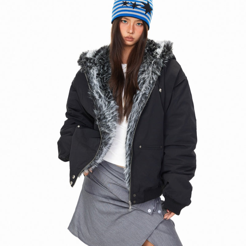 Personality Fur Collar Hooded Cotton Jacket Winter American Retro Loose
