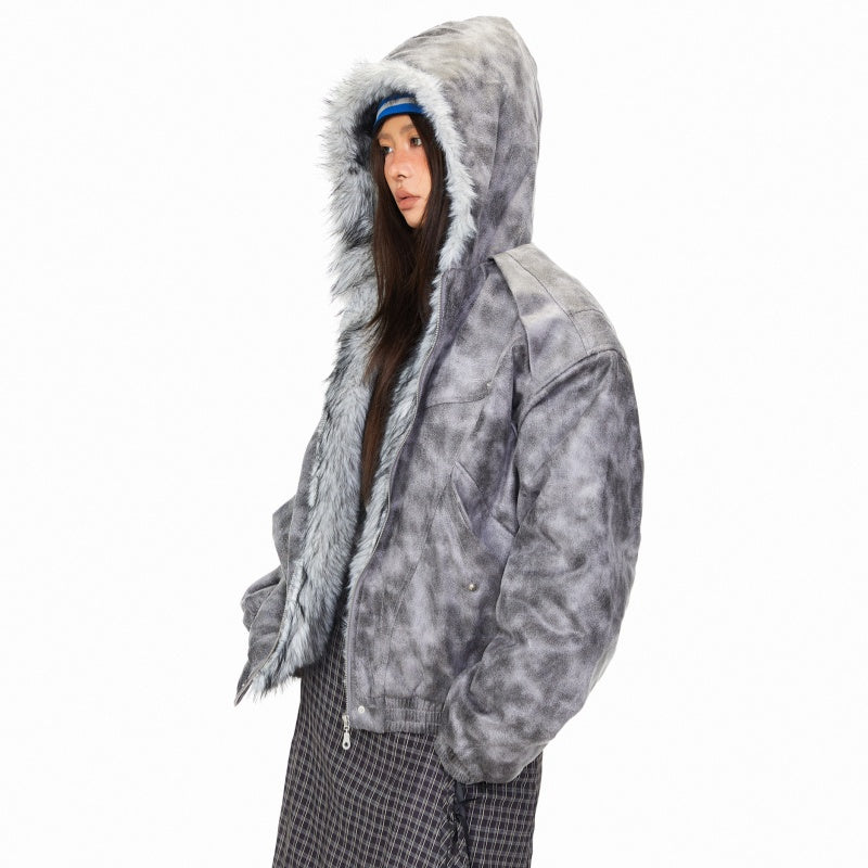 Tie-dye Deconstructed Patchwork Hooded Cotton Jacket Winter American High Street